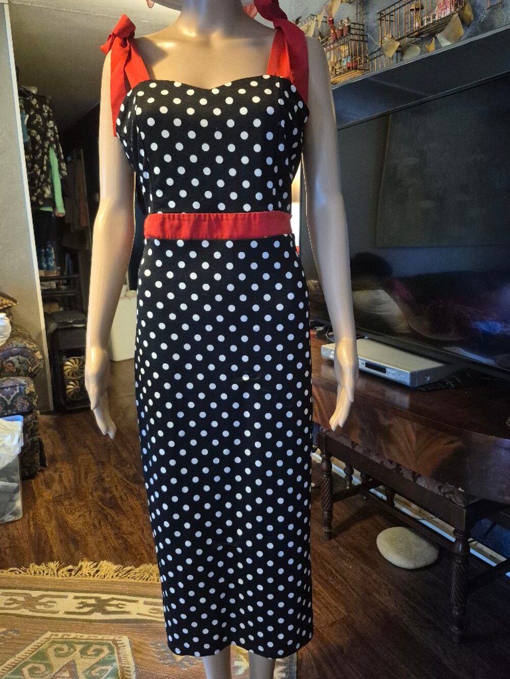 Summer Dress, Size L, black with white polka dots.